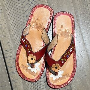 Hand-Painted Red Leather Floral Flip Sandals